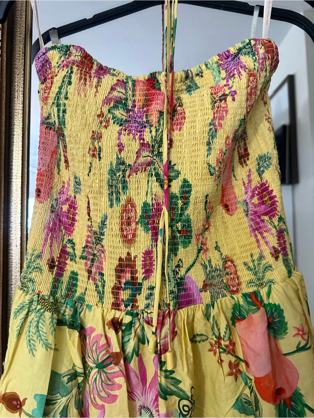 FARM Rio Yellow Tropical Floral & Fruit Tiered Maxi Dress with Pink Accents - Picture 5 of 9